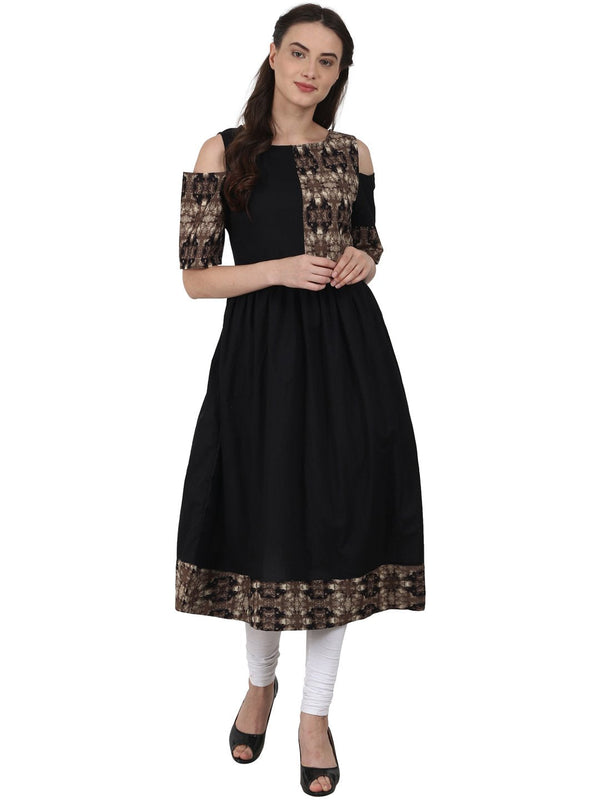 Black half sleeve cotton Anarkali kurta | NOZ2TOZ - Made In INDIA.