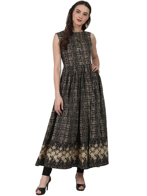 Black printed sleevless cotton Anarkali kurta | NOZ2TOZ - Made In INDIA.