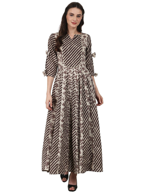 Brown printed 3/4sleeve cotton Anarkali kurta | NOZ2TOZ - Made In INDIA.