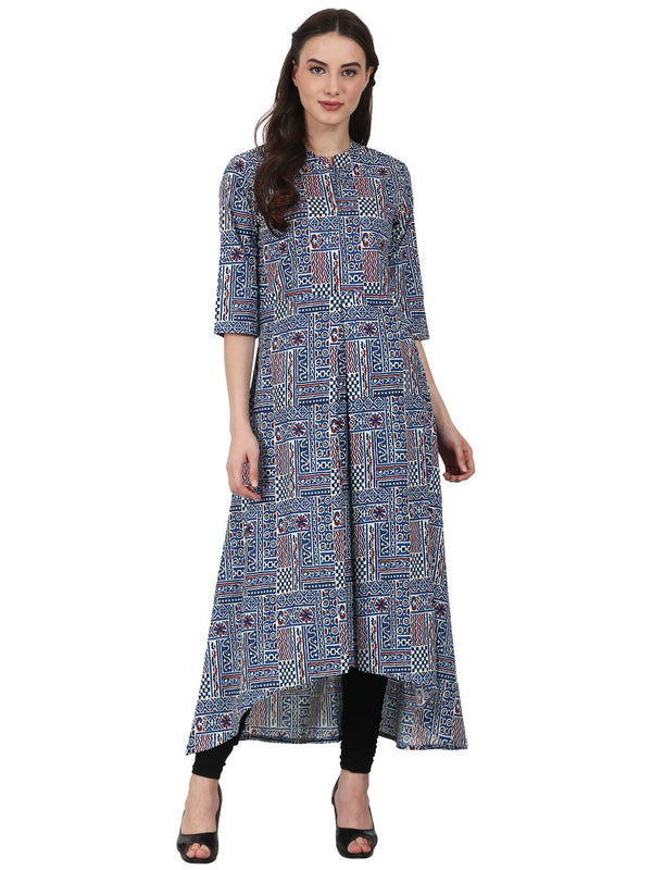 Women Blue printed 3/4 sleeve cotton A-line kurta | NOZ2TOZ - Made In INDIA.