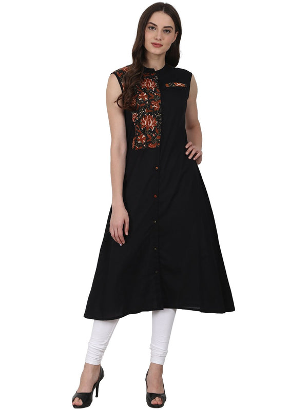 Black Sleevless cotton A-Line kurta | NOZ2TOZ - Made In INDIA.