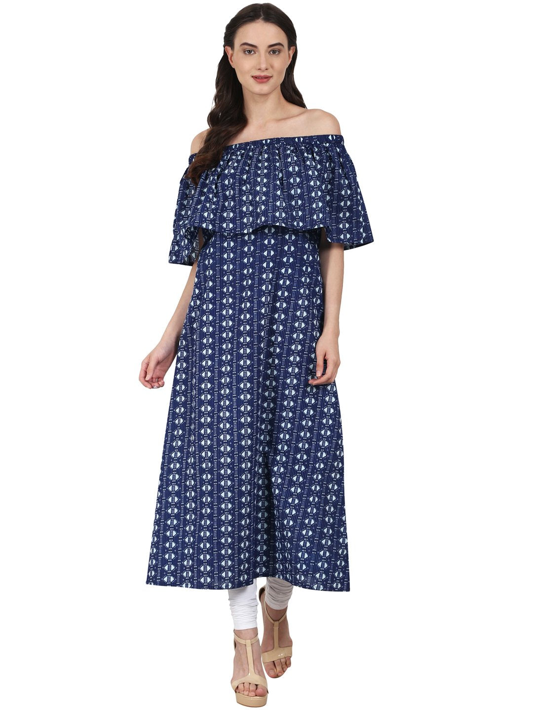 Women Blue printed drape shoulder sleeve Maxi dress | NOZ2TOZ - Made In INDIA.