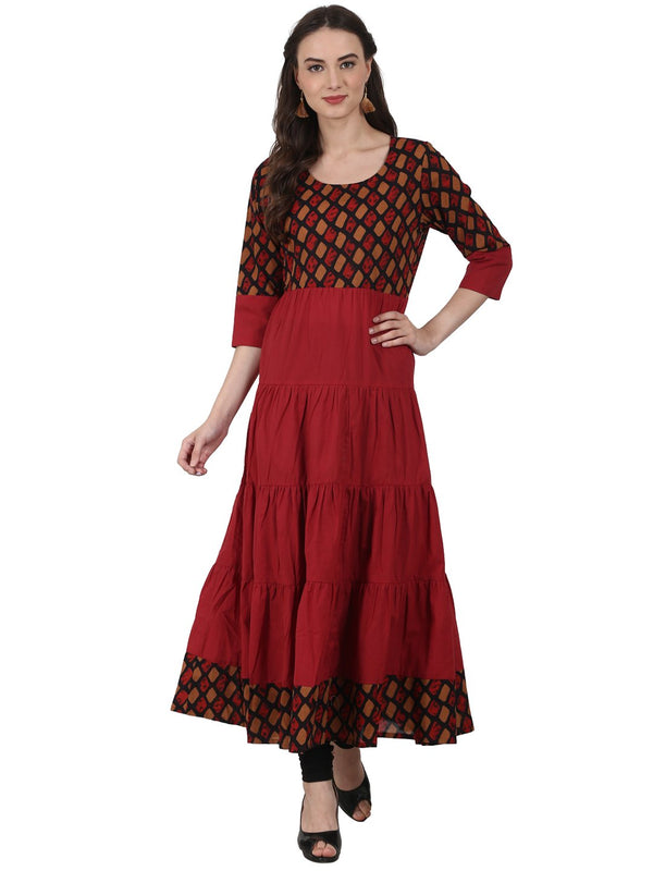 Women Red printed 3/4 sleeve coton tiered anarkali kurta | NOZ2TOZ - Made In INDIA.