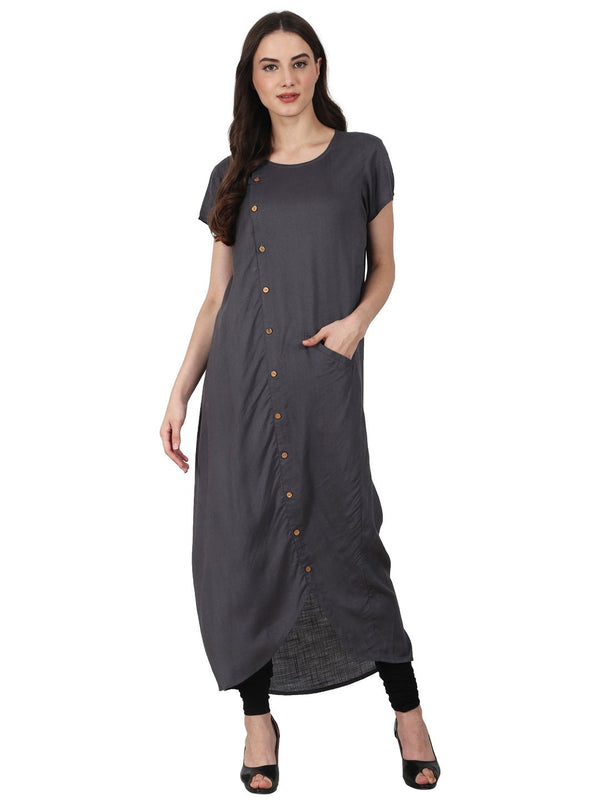 Women Grey short sleeve rayon front open kurta | NOZ2TOZ - Made In INDIA.