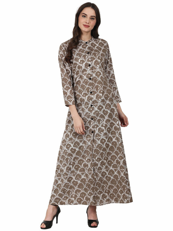 Women Brown printed 3/4 sleeve front open A-Line kurta | NOZ2TOZ - Made In INDIA.