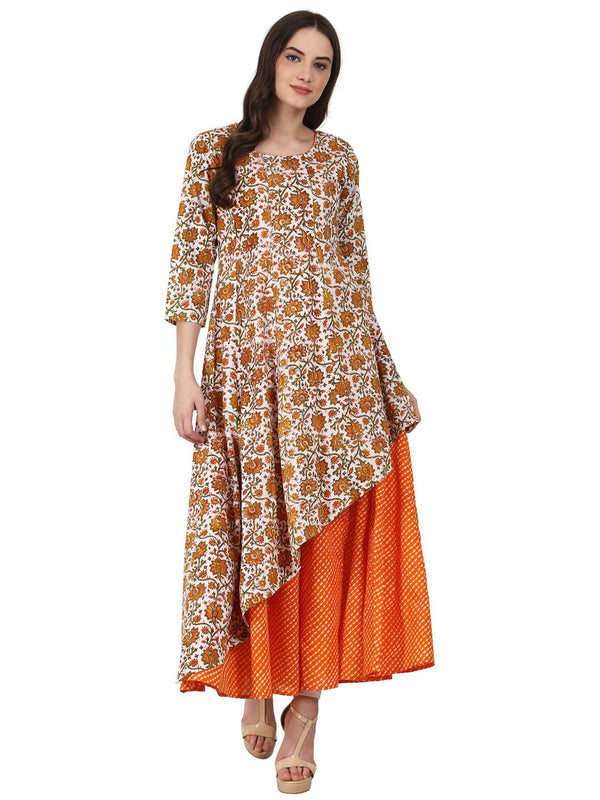 Women Yellow printed 3/4 sleeve double layer cotton anarkali kurta | NOZ2TOZ - Made In INDIA.