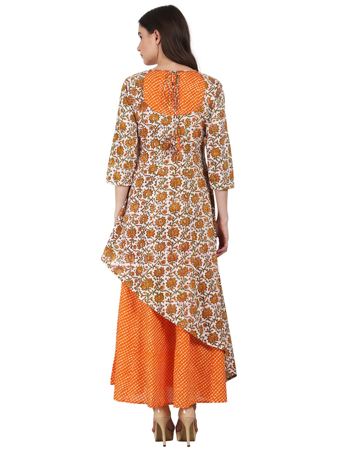 Women Yellow printed 3/4 sleeve double layer cotton anarkali kurta | NOZ2TOZ - Made In INDIA.