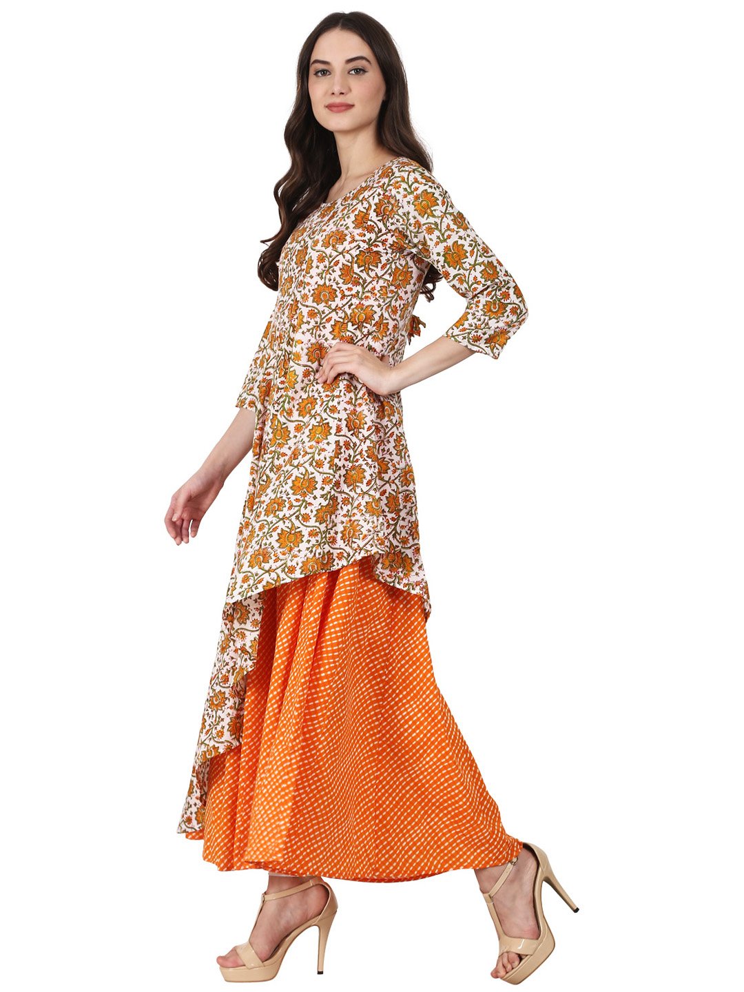 Women Yellow printed 3/4 sleeve double layer cotton anarkali kurta | NOZ2TOZ - Made In INDIA.