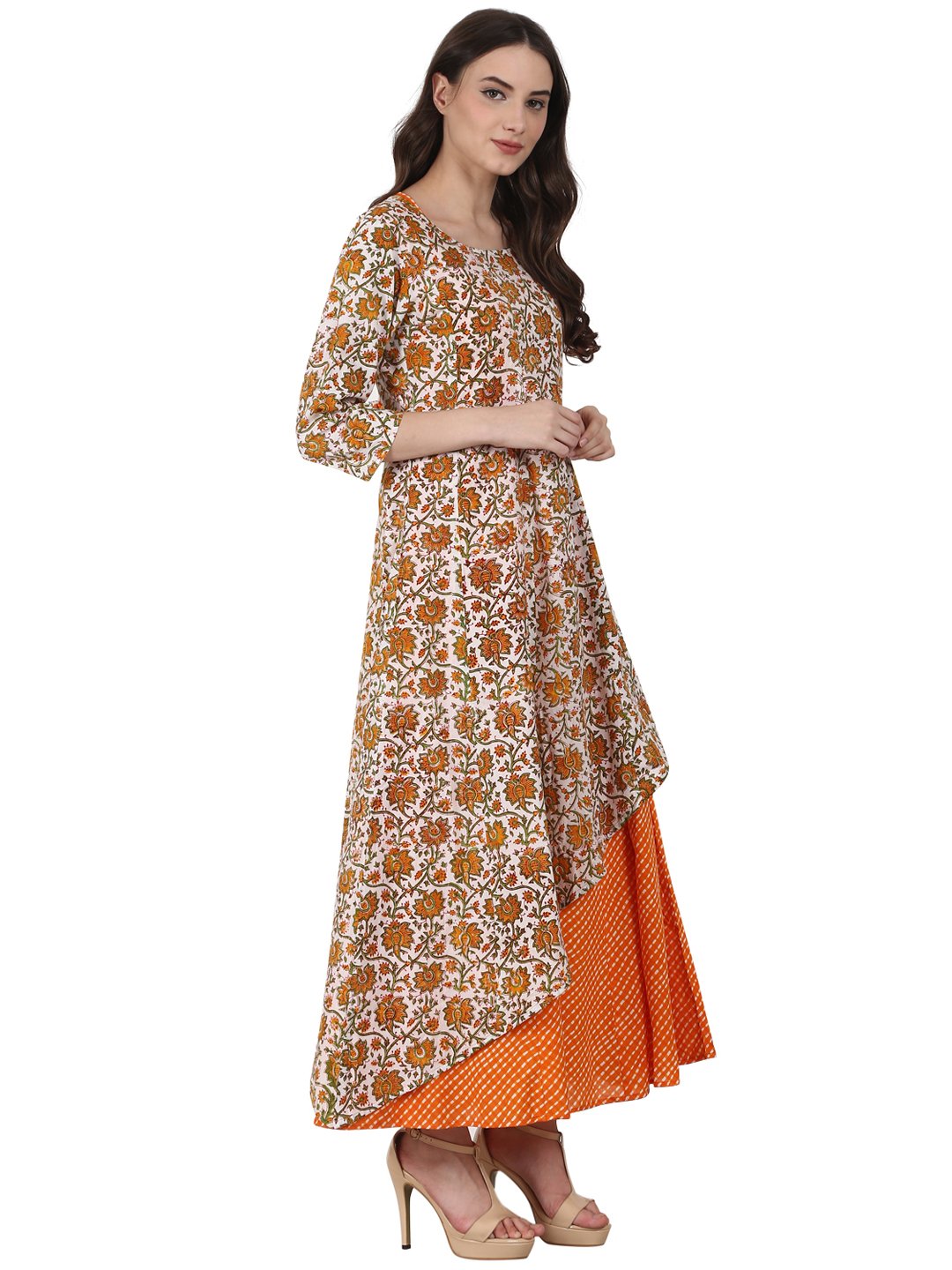 Women Yellow printed 3/4 sleeve double layer cotton anarkali kurta | NOZ2TOZ - Made In INDIA.