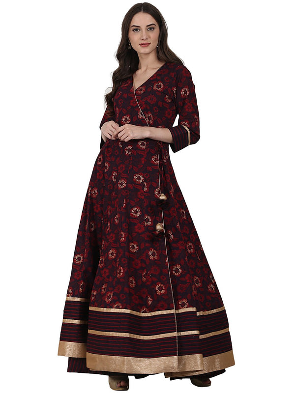 Coffee printed 3/4 sleeve cotton floor length Anarkali kurta | NOZ2TOZ - Made In INDIA.