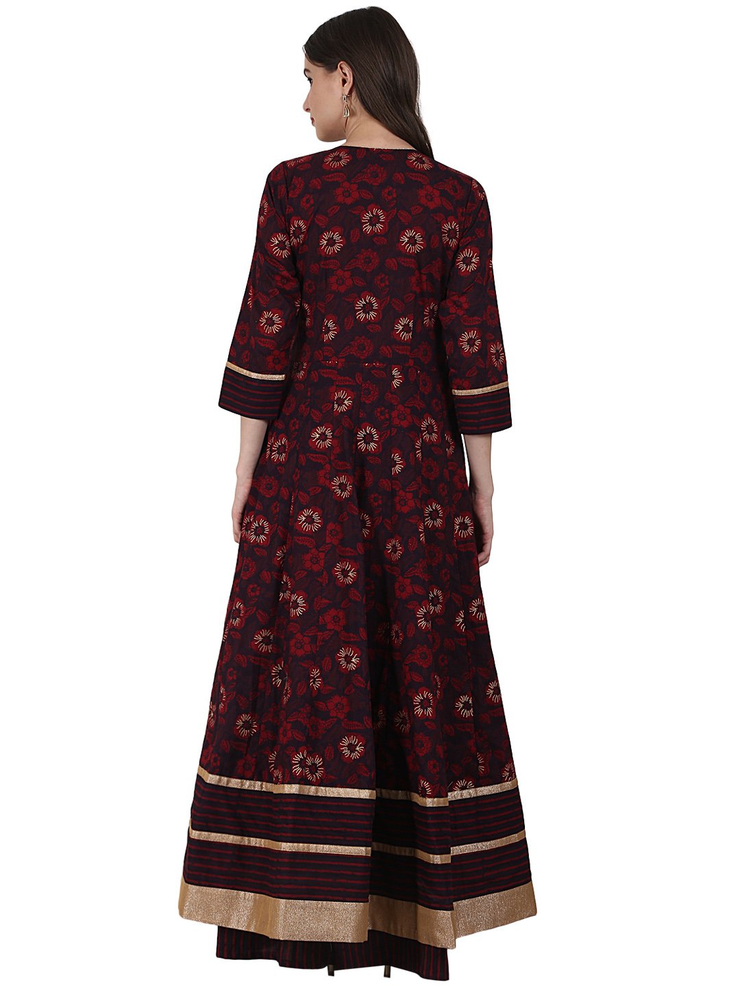 Coffee printed 3/4 sleeve cotton floor length Anarkali kurta | NOZ2TOZ - Made In INDIA.