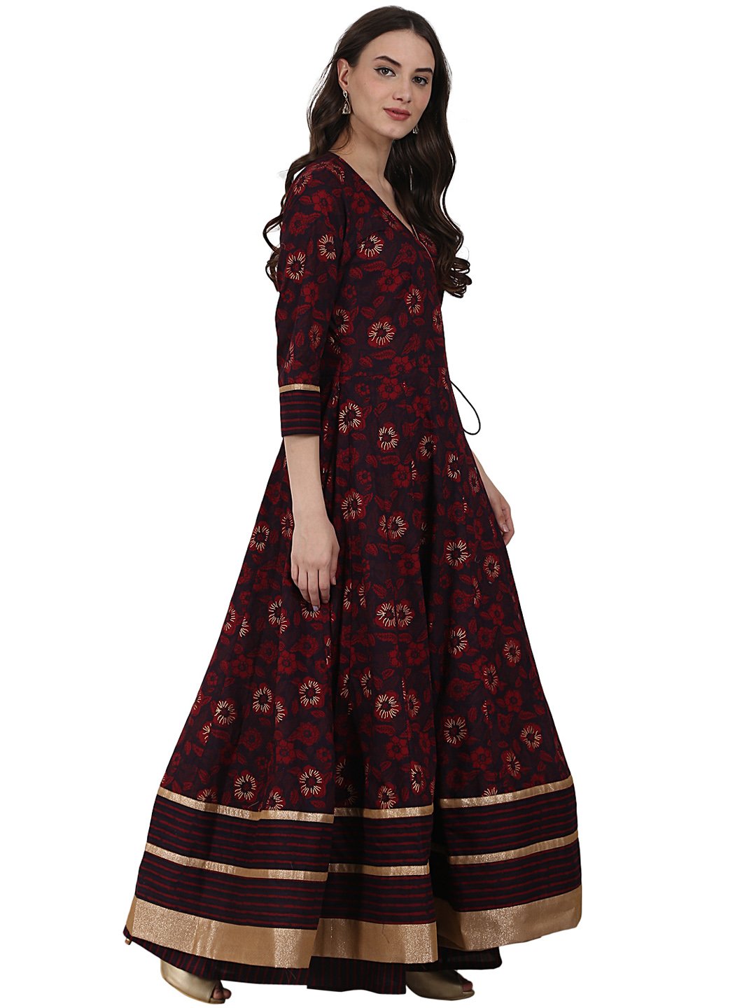 Coffee printed 3/4 sleeve cotton floor length Anarkali kurta | NOZ2TOZ - Made In INDIA.