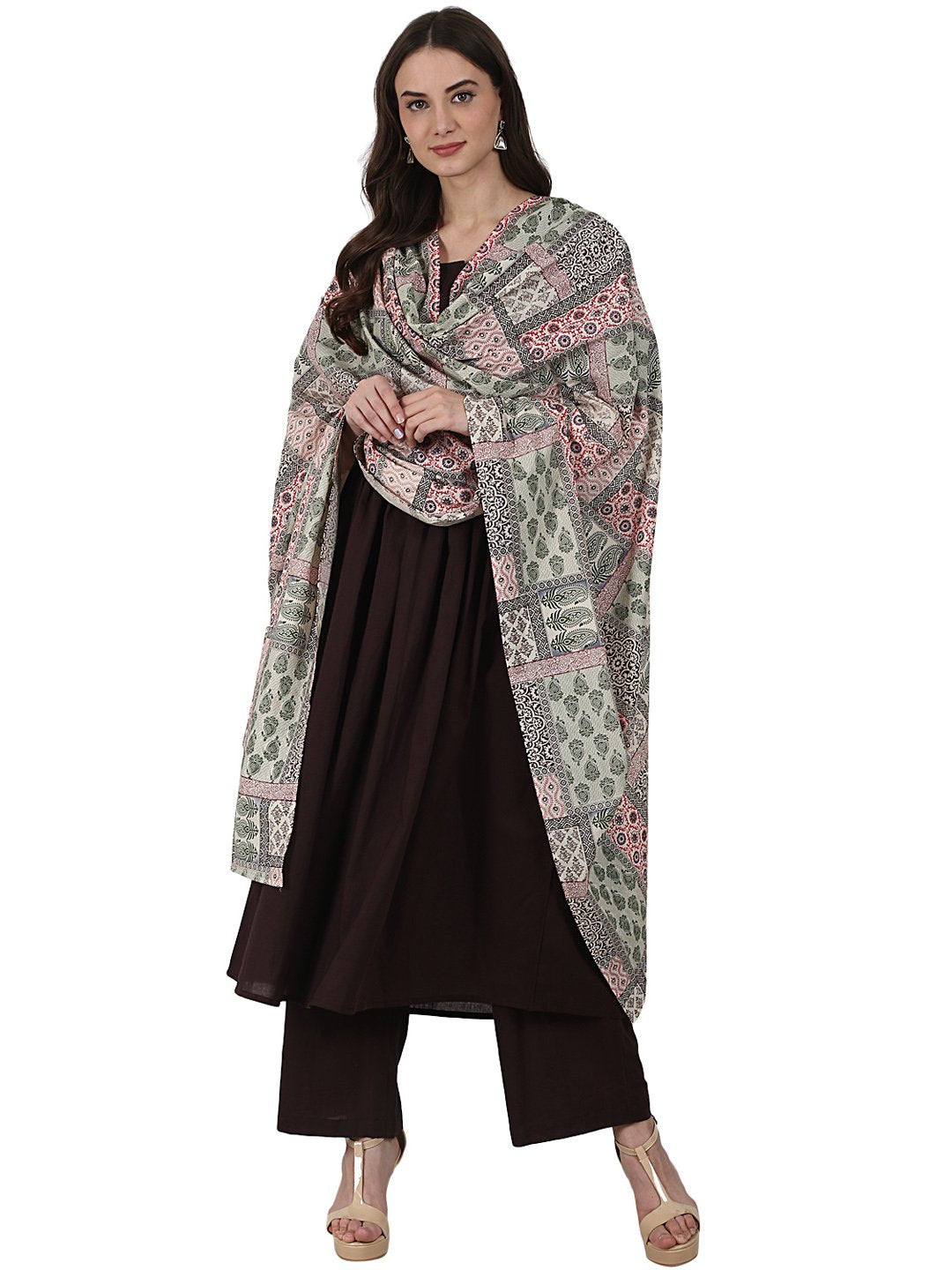 Coffee 3/4 sleeve anarkali kurta with ankle length plazzo & printed dupatta | NOZ2TOZ - Made In INDIA.