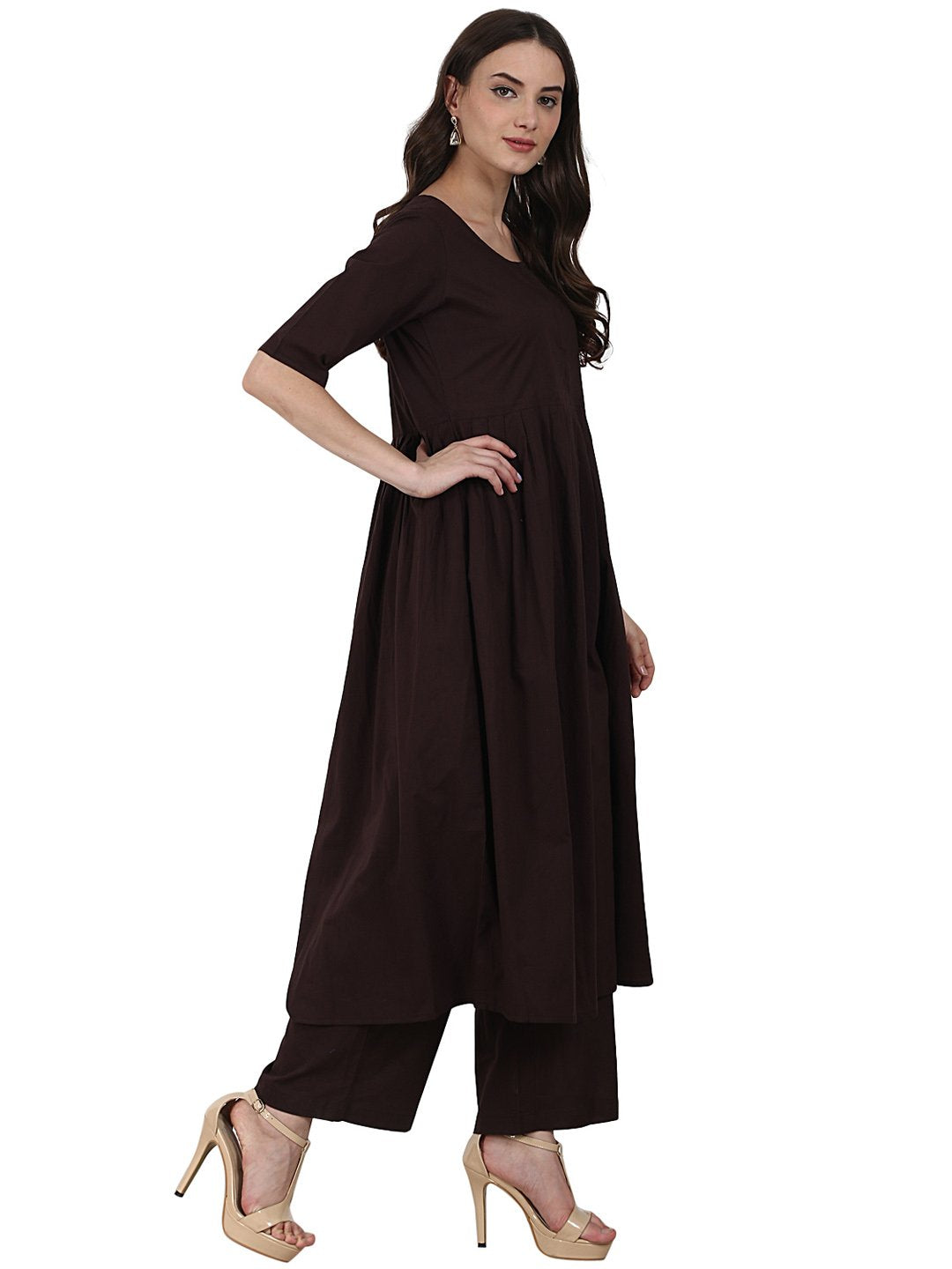 Coffee 3/4 sleeve anarkali kurta with ankle length plazzo & printed dupatta | NOZ2TOZ - Made In INDIA.