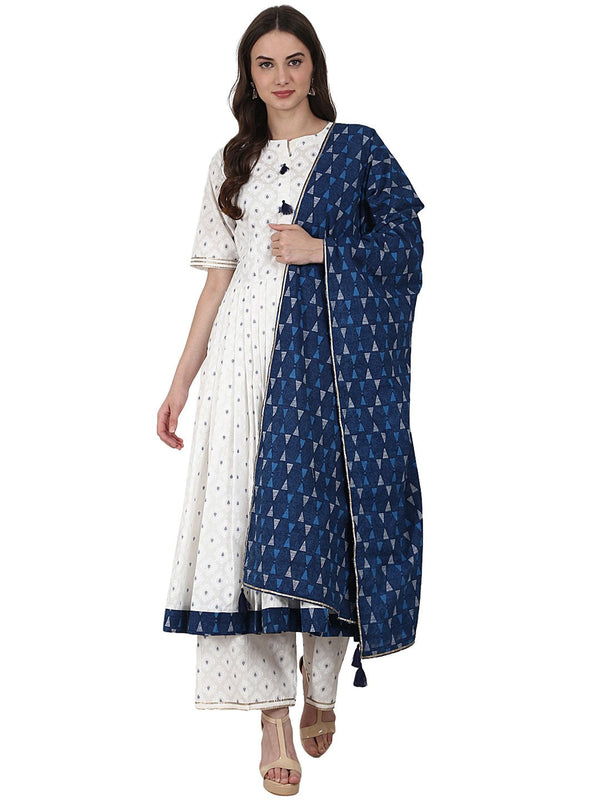 White golden butta printed anarkali kurta & plazzo with blue printed dupatta | NOZ2TOZ - Made In INDIA.