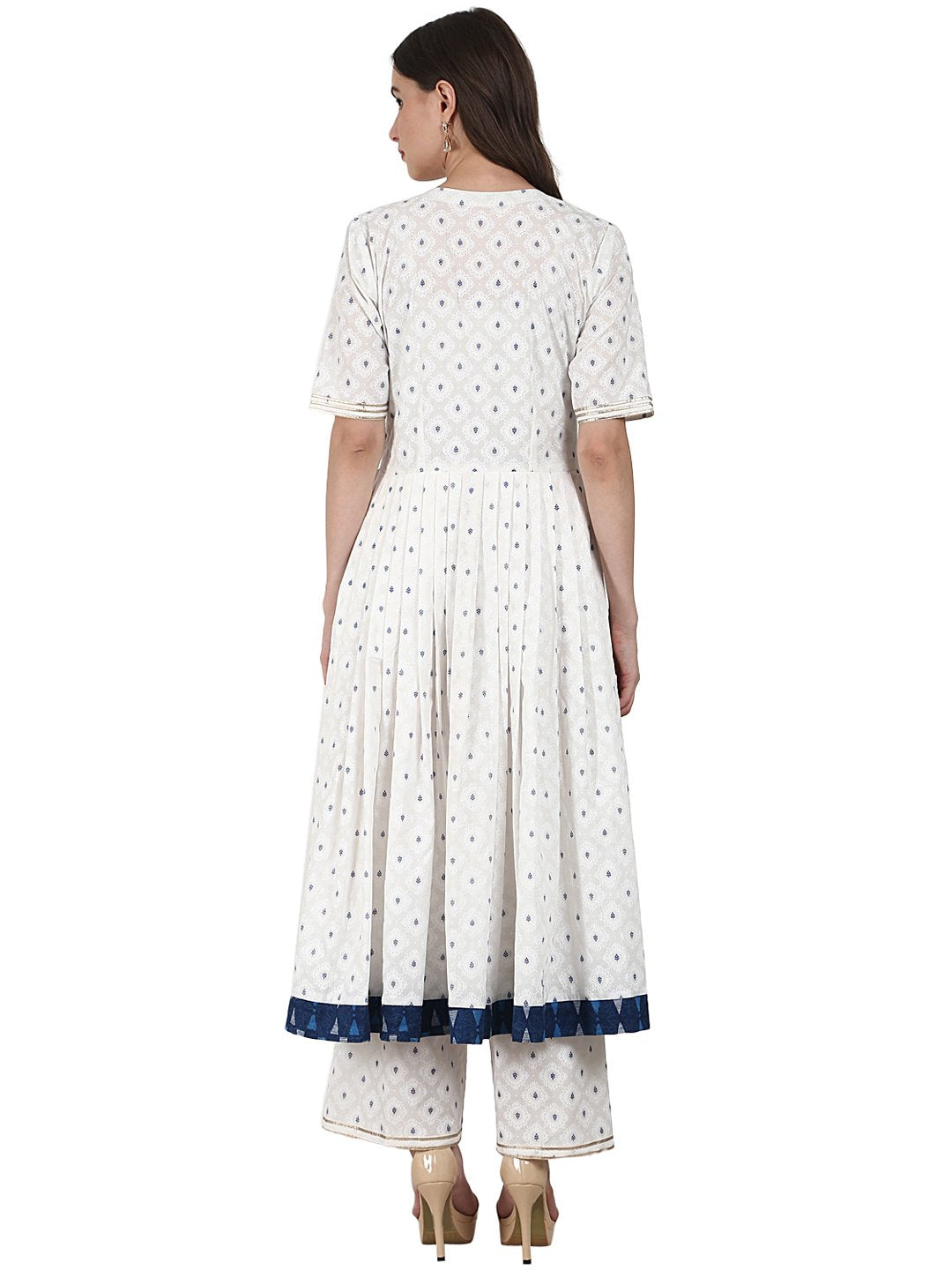 White golden butta printed anarkali kurta & plazzo with blue printed dupatta | NOZ2TOZ - Made In INDIA.