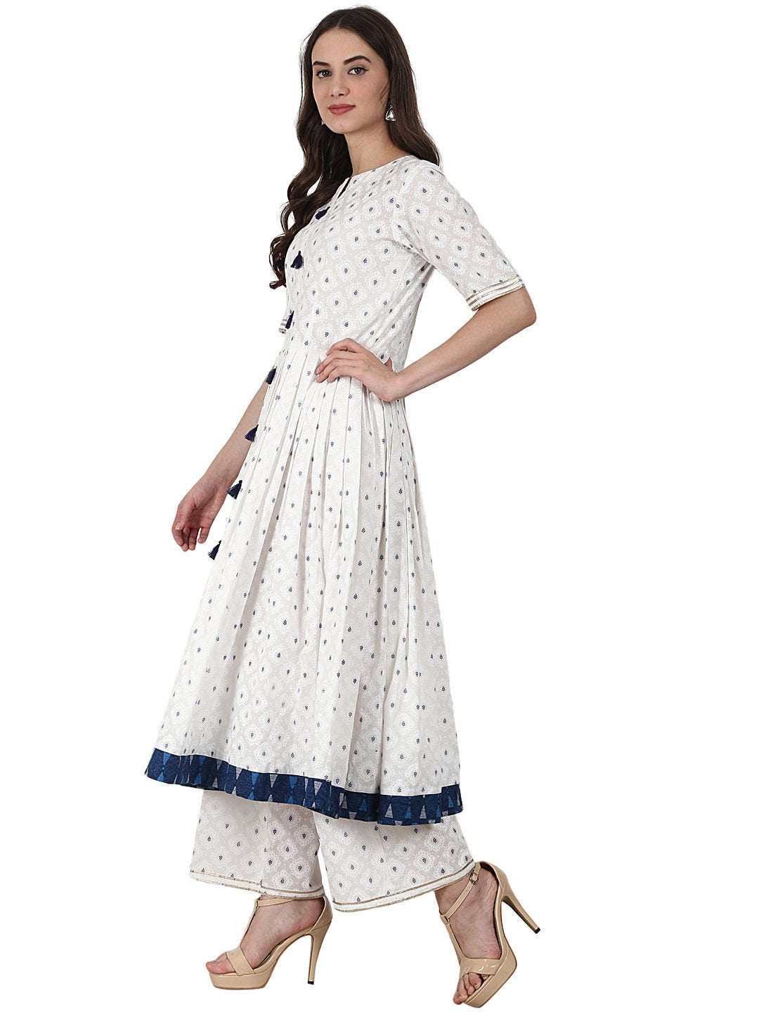 White golden butta printed anarkali kurta & plazzo with blue printed dupatta | NOZ2TOZ - Made In INDIA.