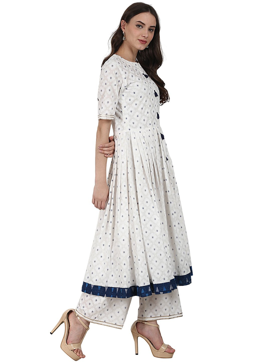 White golden butta printed anarkali kurta & plazzo with blue printed dupatta | NOZ2TOZ - Made In INDIA.