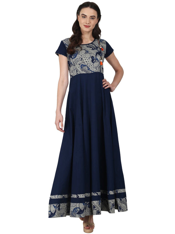 Women Navy blue cap sleeve cotton Anarkali kurta with printed yoke | NOZ2TOZ - Made In INDIA.