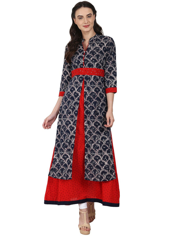 Women Blue printed 3/4 sleeve double layer bottom cut cotton kurta | NOZ2TOZ - Made In INDIA.