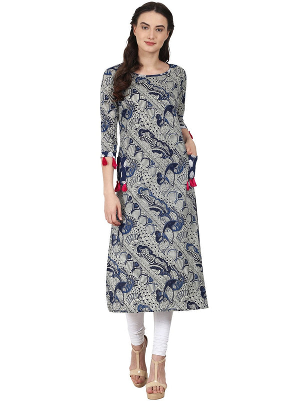 Blue printed 3/4 sleeve cotton kurta | NOZ2TOZ - Made In INDIA.