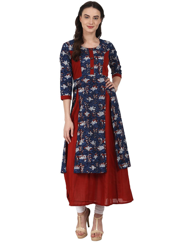 Women Blue & Red 3/4 sleeve double layer cotton kurta | NOZ2TOZ - Made In INDIA.