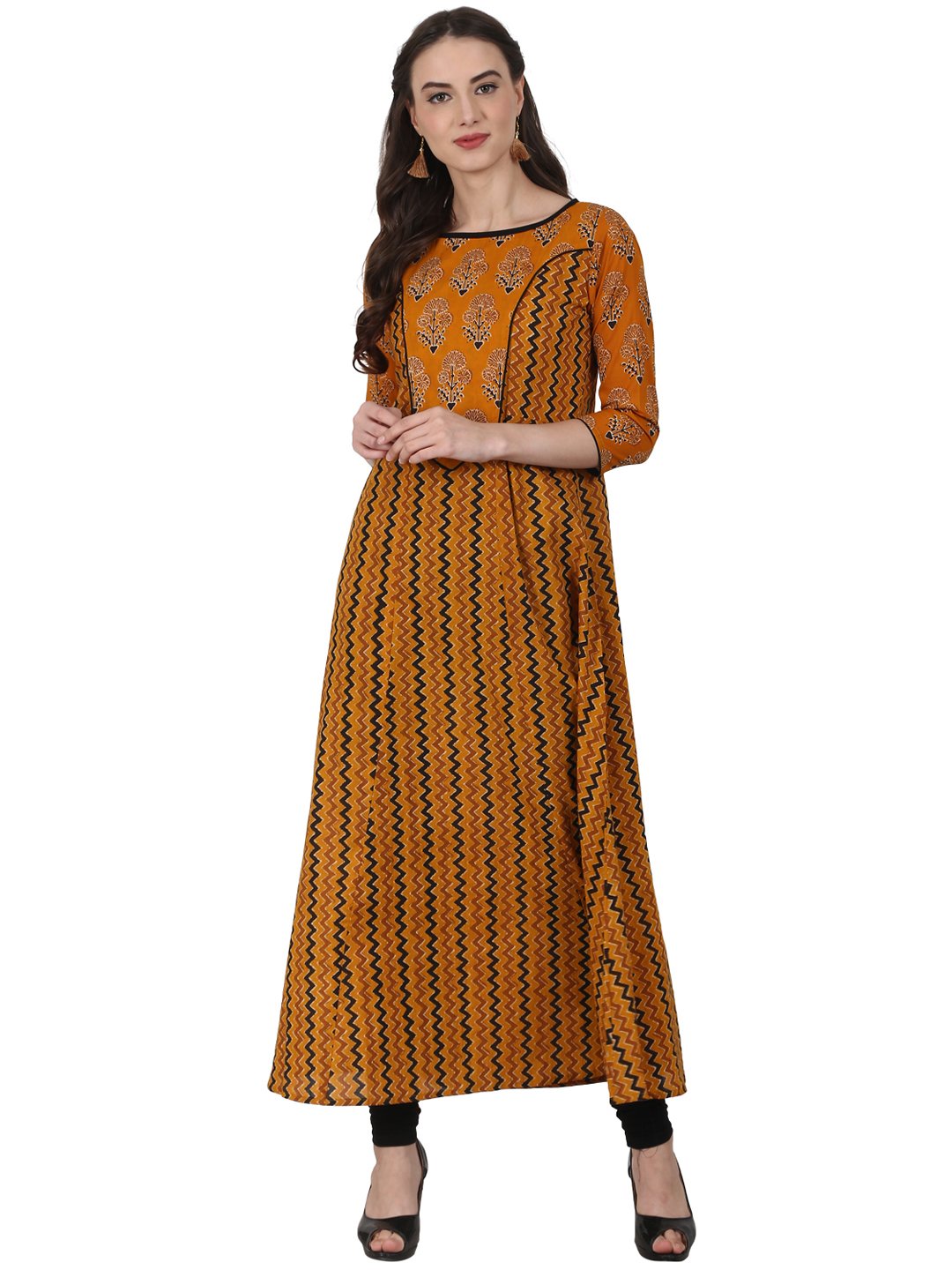 Women Yellow printed 3/4 sleeve cotton A-Line kurta | NOZ2TOZ - Made In INDIA.