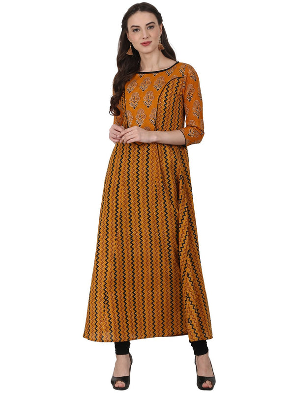 Women Yellow printed 3/4 sleeve cotton A-Line kurta | NOZ2TOZ - Made In INDIA.