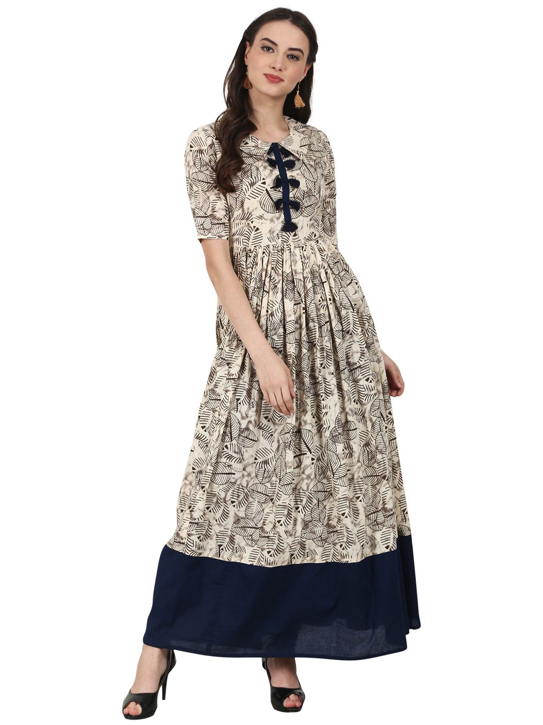 Cream printed half sleeve cotton anarkali kurta | NOZ2TOZ - Made In INDIA.