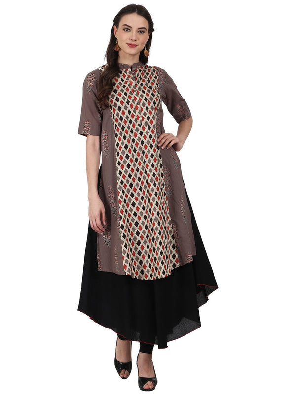 Brown & Black printed 3/4 sleeve cotton double layer A-line kurta | NOZ2TOZ - Made In INDIA.