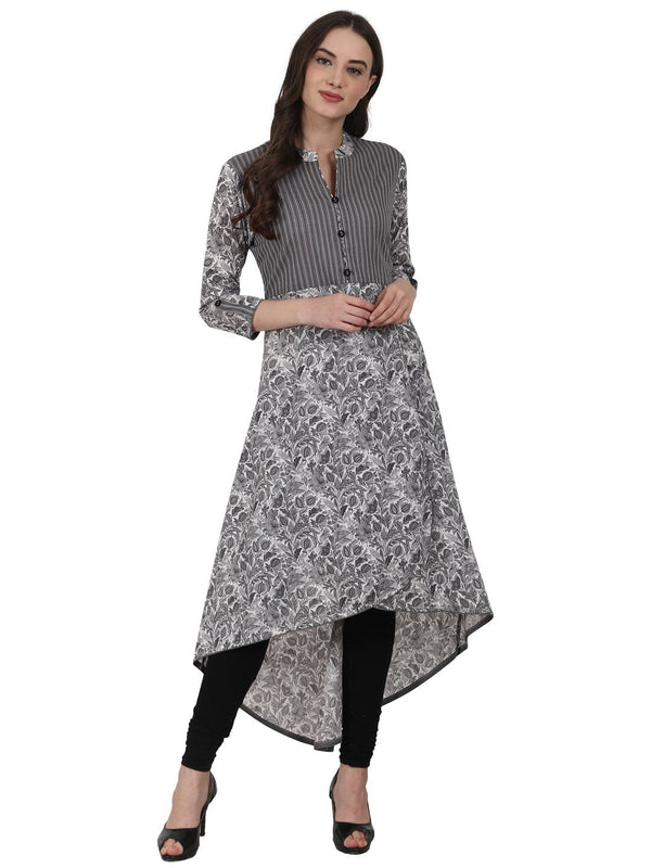 Women Grey printd 3/4 sleeve cotton low high kurta | NOZ2TOZ - Made In INDIA.