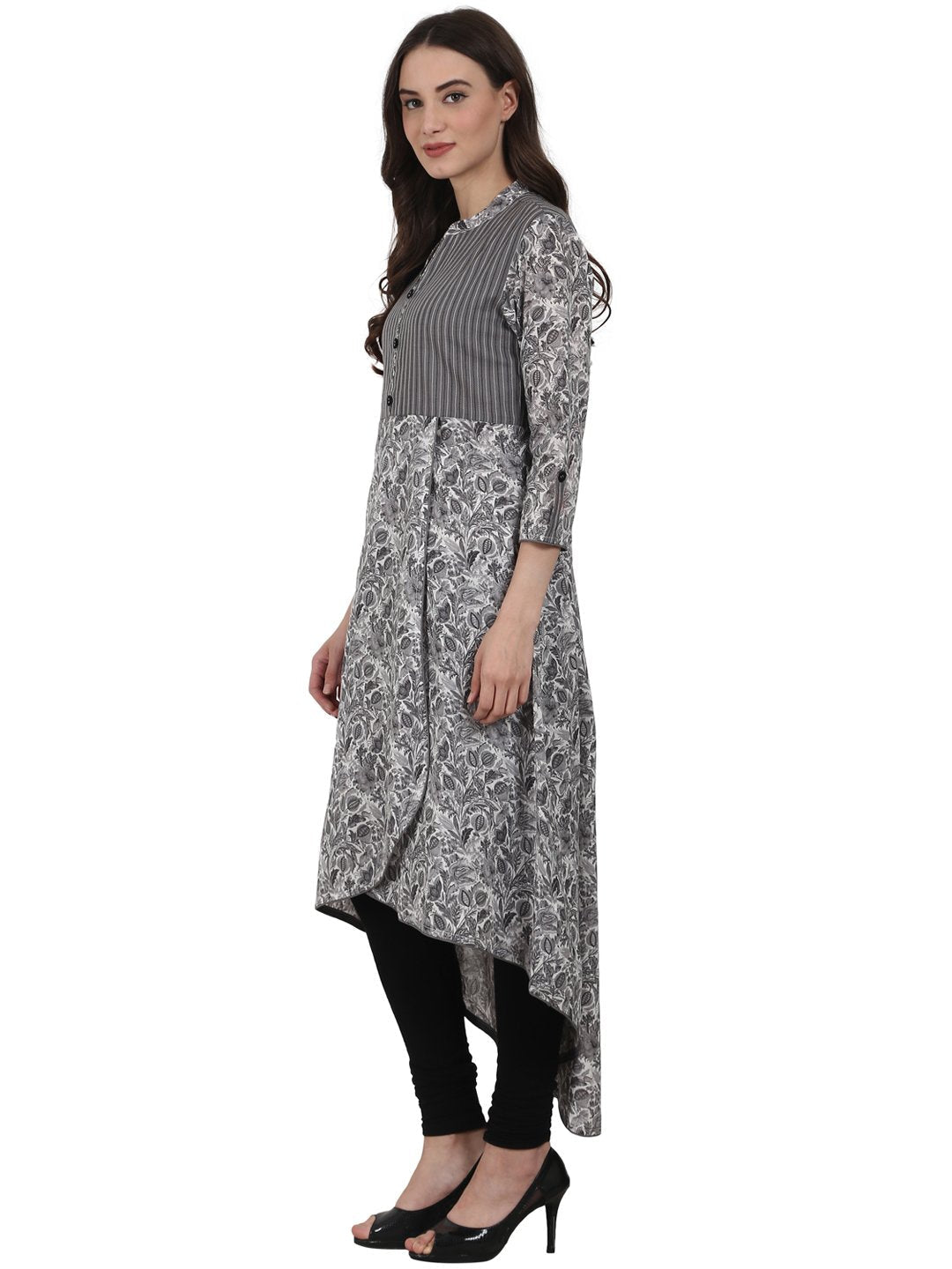 Women Grey printd 3/4 sleeve cotton low high kurta | NOZ2TOZ - Made In INDIA.