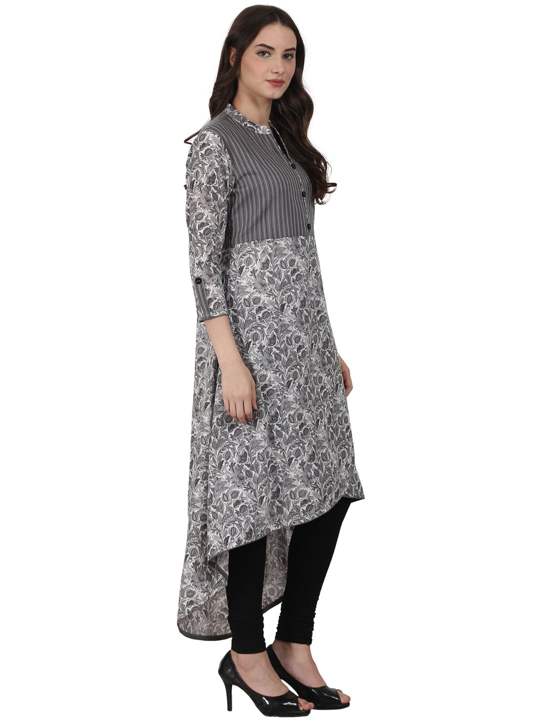 Women Grey printd 3/4 sleeve cotton low high kurta | NOZ2TOZ - Made In INDIA.