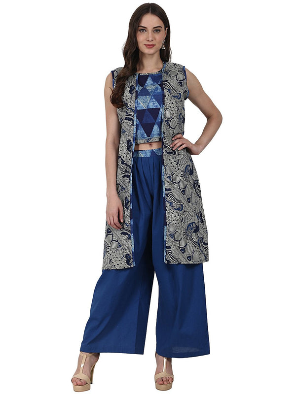 Blue printed top with solid ankle length plazzo & sleevless grey printed Jacket | NOZ2TOZ - Made In INDIA.