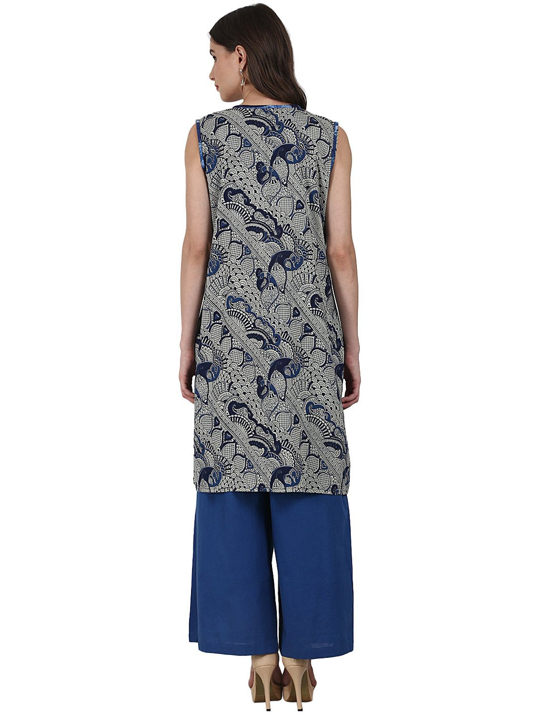 Blue printed top with solid ankle length plazzo & sleevless grey printed Jacket | NOZ2TOZ - Made In INDIA.