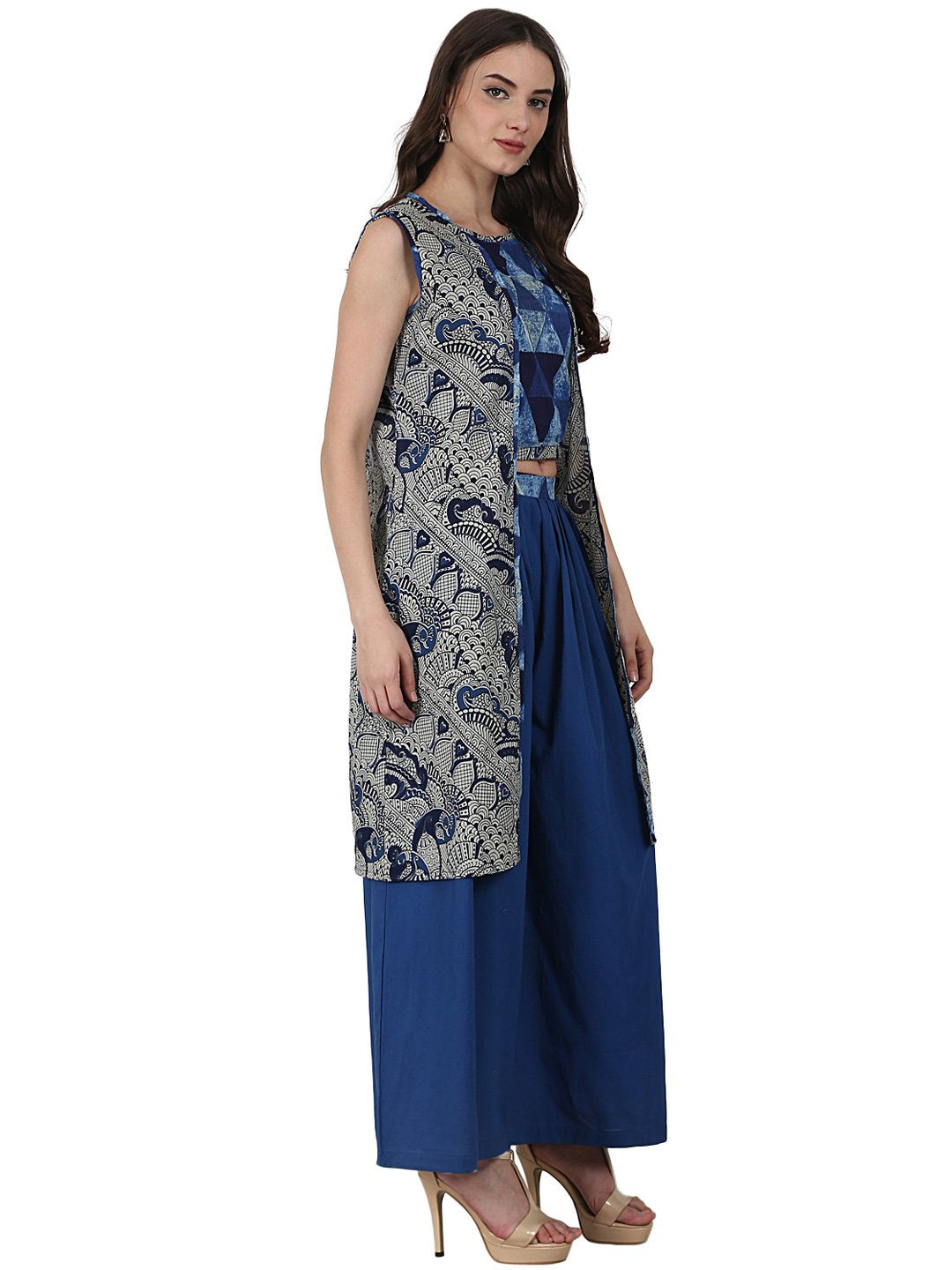 Blue printed top with solid ankle length plazzo & sleevless grey printed Jacket | NOZ2TOZ - Made In INDIA.