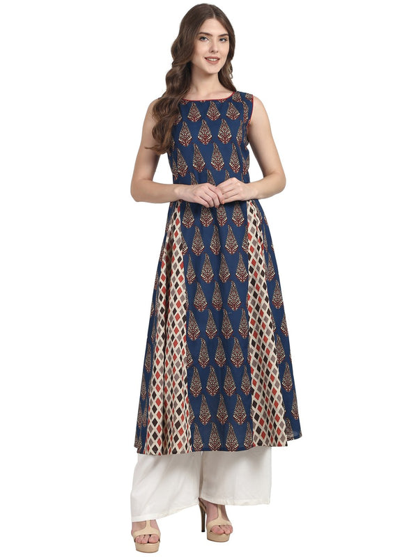 Blue Butta printed sleevless cotton A-line kurta | NOZ2TOZ - Made In INDIA.