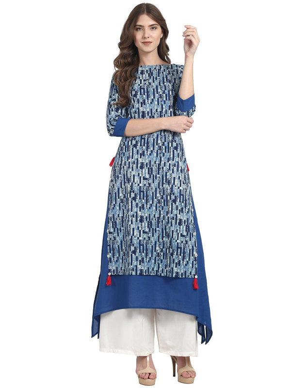 Women Blue printed 3/4 sleeve cotton double layer kurta | NOZ2TOZ - Made In INDIA.