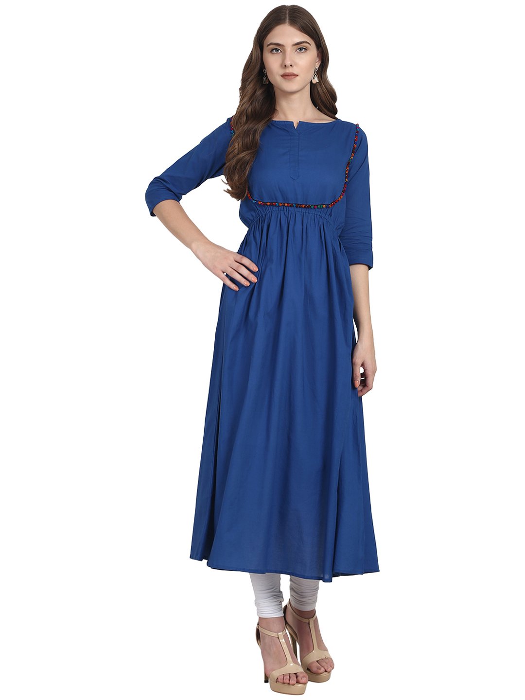 Blue 3/4 sleeve cotton A-line kurta with potli button at yoke | NOZ2TOZ - Made In INDIA.