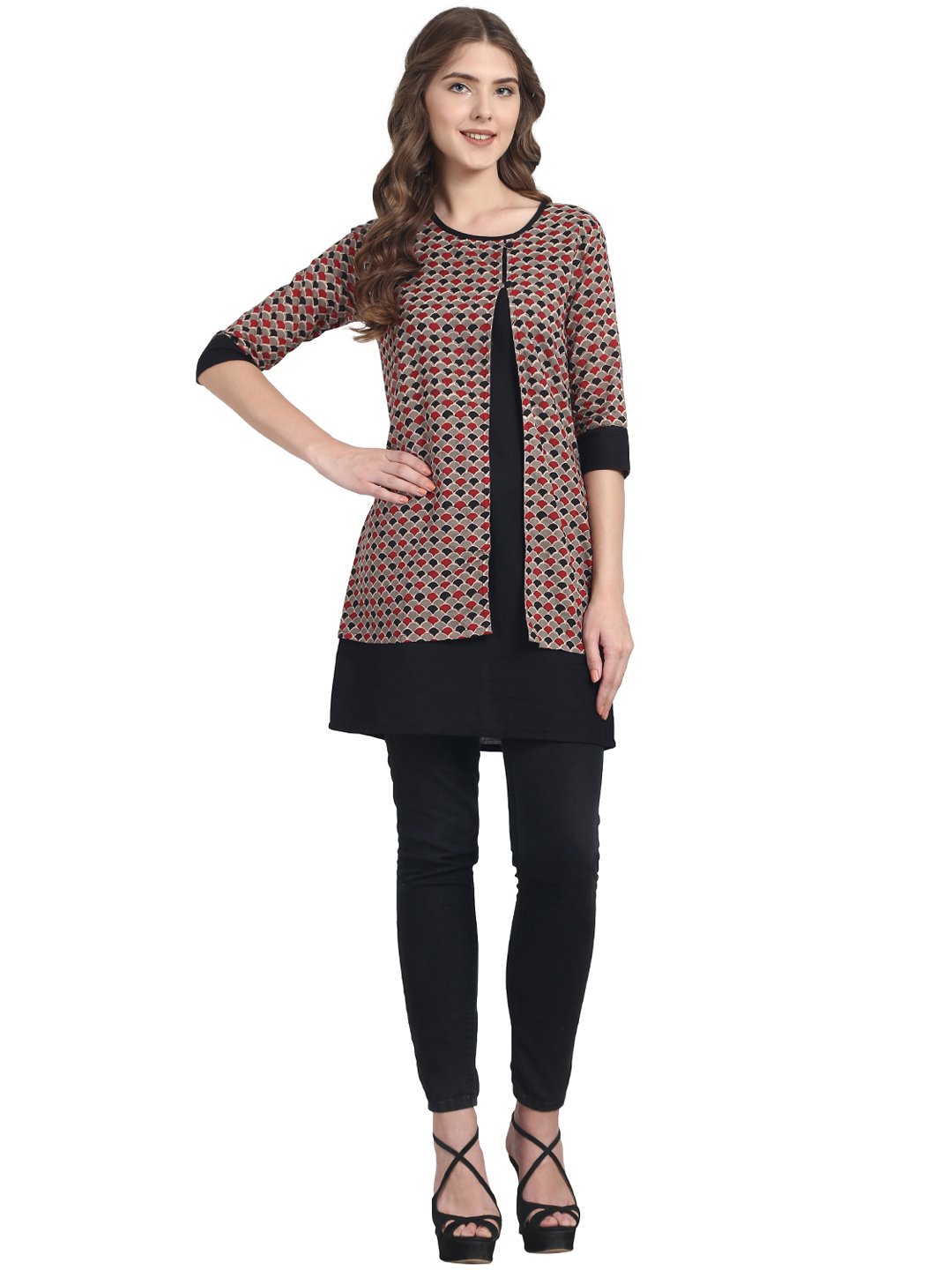 Black 3/4th sleeve cotton double layer tunic | NOZ2TOZ - Made In INDIA.