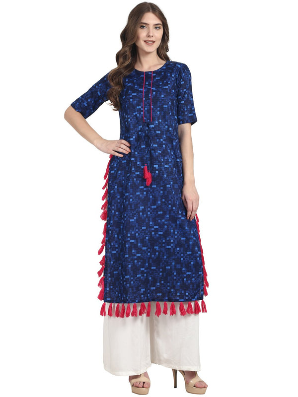 Blue printed half sleeve cotton kurti with tussle work | NOZ2TOZ - Made In INDIA.