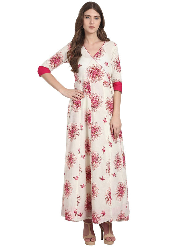 White printed 3/4 sleeve cotton Angrakha kurta | NOZ2TOZ - Made In INDIA.