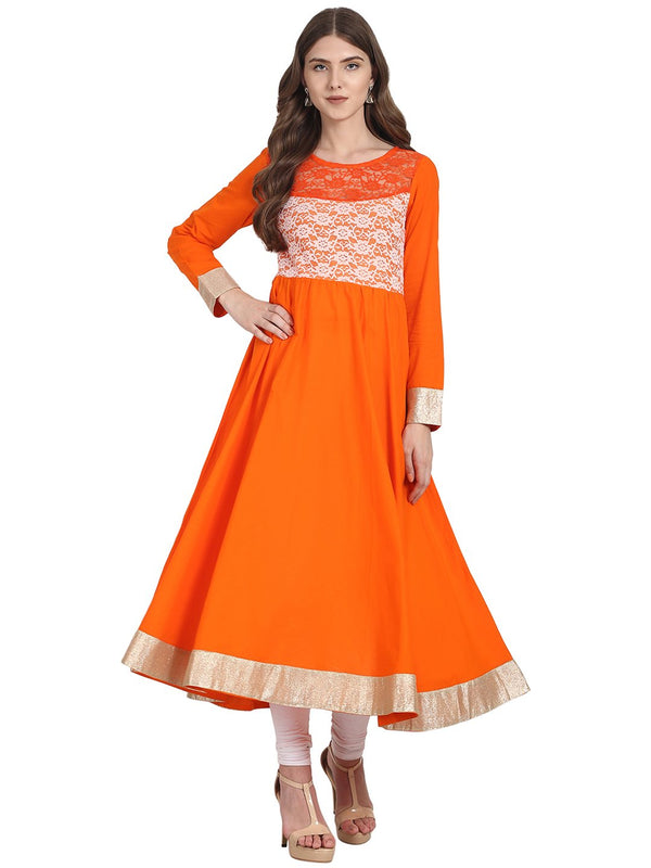 Women Orange full sleeve cotton anarkali kurta with net work at yoke | NOZ2TOZ - Made In INDIA.