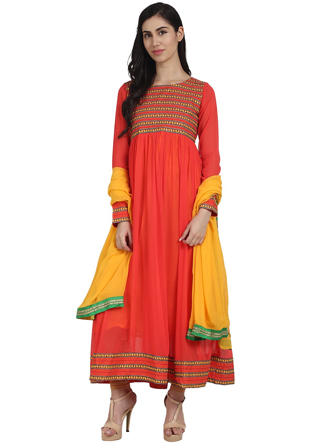 Orange color 3/4th sleeve georgette Anarkali kurta with Embriodery work and yellow dupatta | NOZ2TOZ - Made In INDIA.