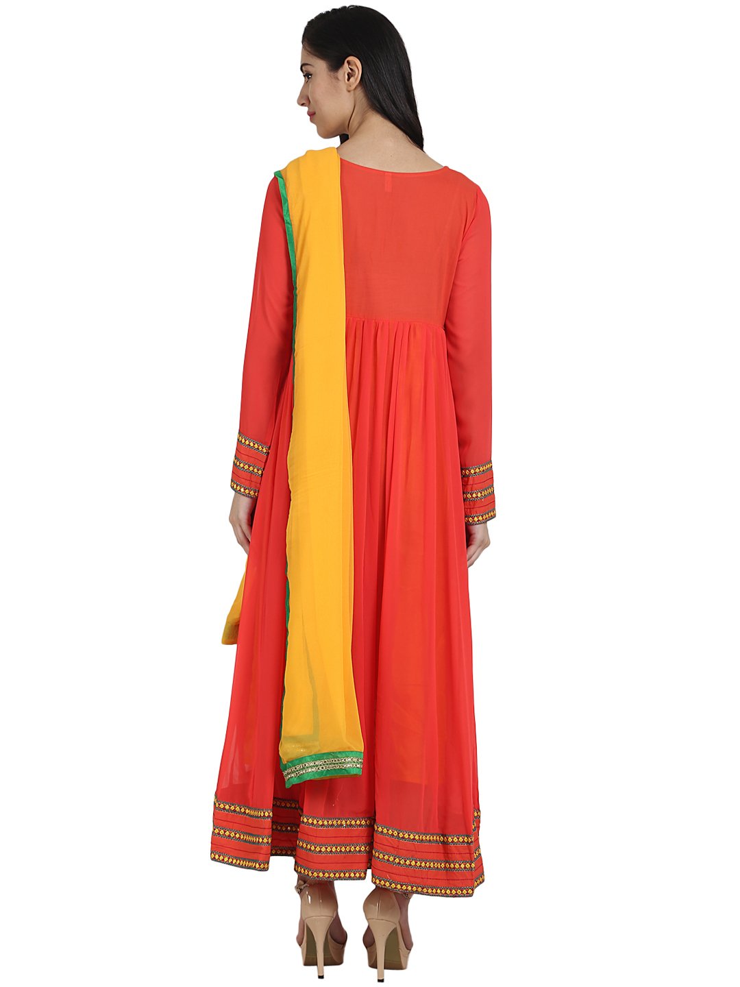 Orange color 3/4th sleeve georgette Anarkali kurta with Embriodery work and yellow dupatta | NOZ2TOZ - Made In INDIA.