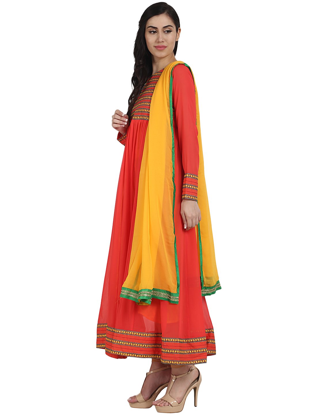 Orange color 3/4th sleeve georgette Anarkali kurta with Embriodery work and yellow dupatta | NOZ2TOZ - Made In INDIA.