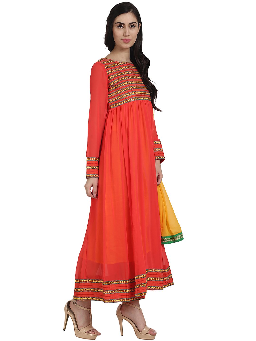 Orange color 3/4th sleeve georgette Anarkali kurta with Embriodery work and yellow dupatta | NOZ2TOZ - Made In INDIA.