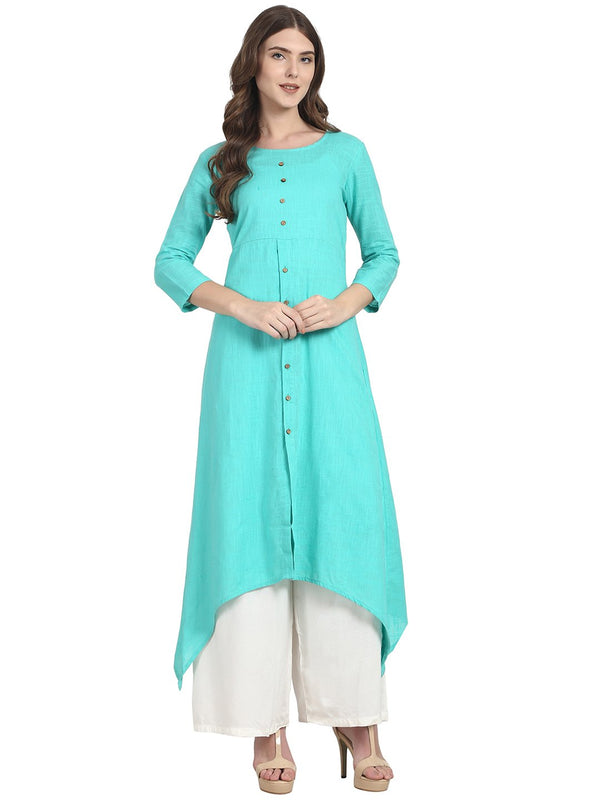 Turquoise Blue 3/4 sleeve front open cotton Slub A-line kurta | NOZ2TOZ - Made In INDIA.