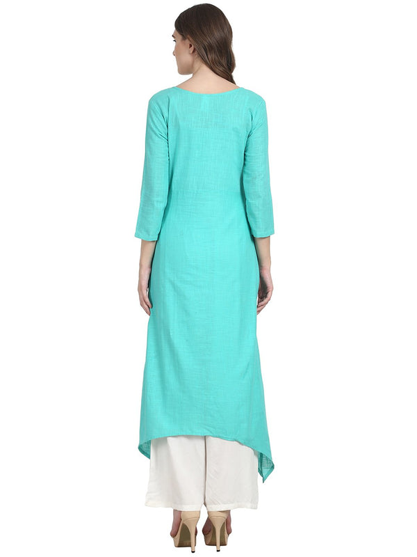 Women Turquoise Blue 3/4 sleeve front open cotton Slub A-line kurta | NOZ2TOZ - Made In INDIA.