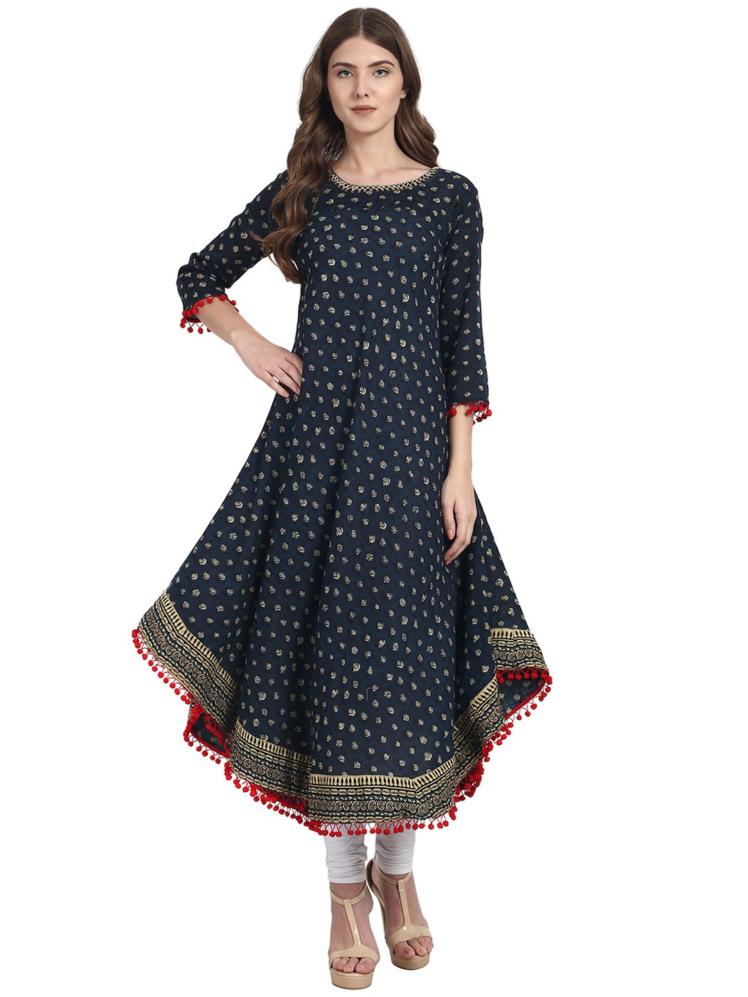 Women Blue printed 3/4 sleeve Cotton slub Anarkali kurta with Embriodery work at Neck | NOZ2TOZ - Made In INDIA.